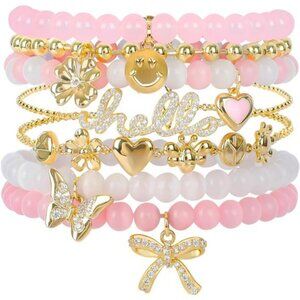 Pink beaded bracelet set for women 7pcs stackable opal stone gold charm jewelry